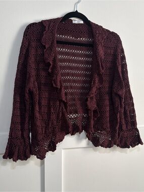 PLANET boho Crochet Open-Front Cardigan Sweater Deep Burgundy L